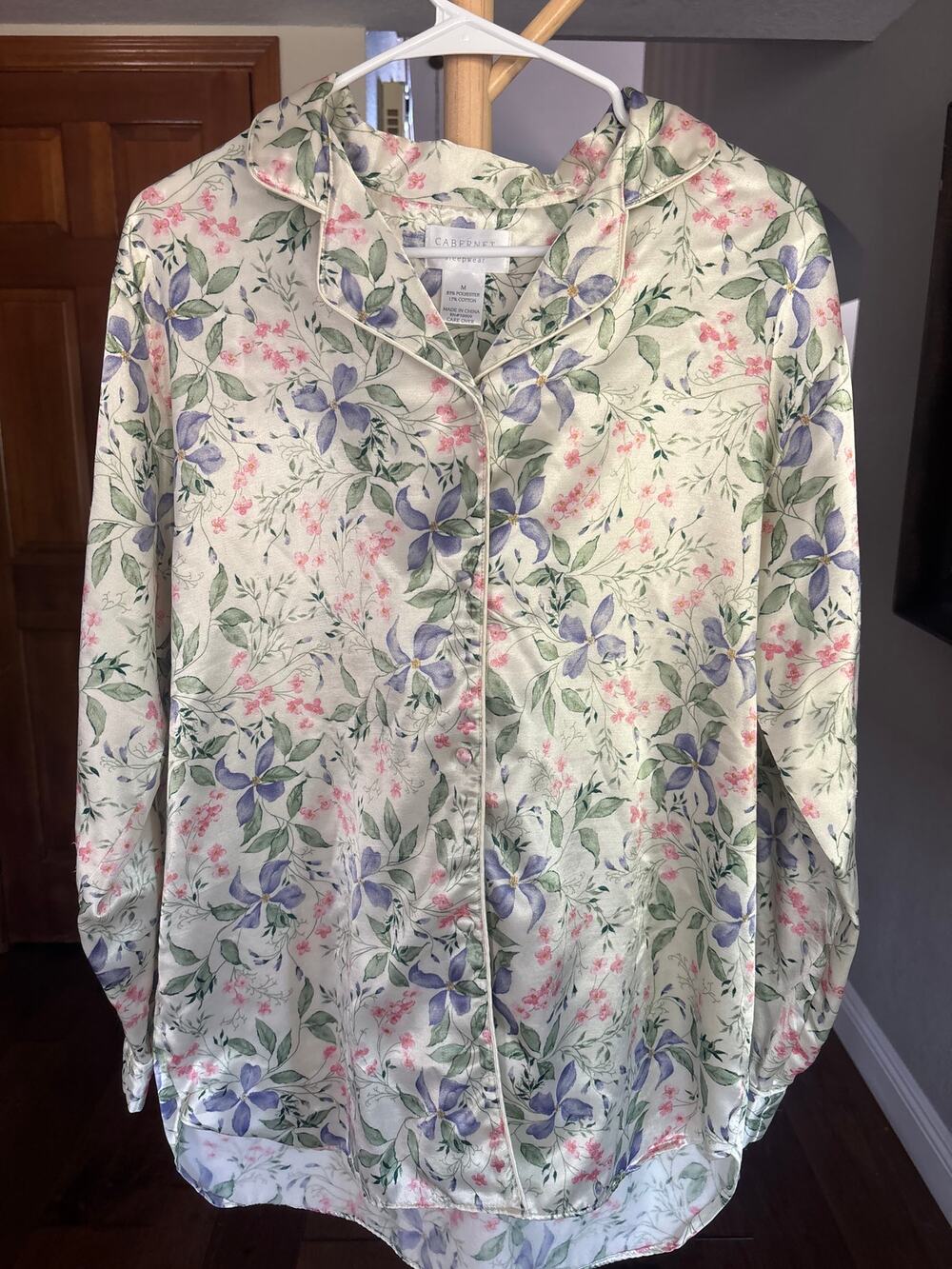 Cabernet Sleepwear Floral Sleep Shirt Womens M Satin Long Sleeve Cottagecore